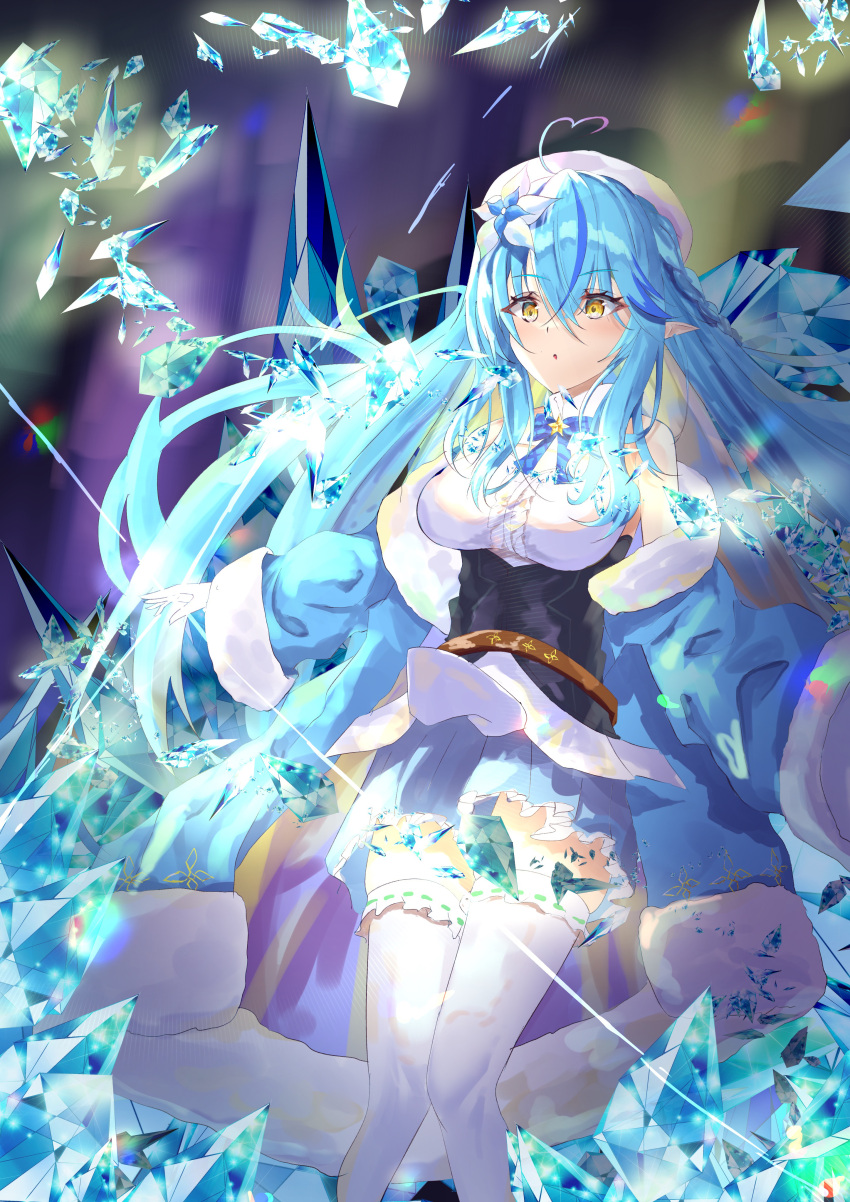 1girl :o absurdres ahoge belt beret blue_coat blue_hair blue_skirt blurry blurry_background braid breasts coat commentary_request corset eyebrows_visible_through_hair flower french_braid fur-trimmed_coat fur_trim glint hair_between_eyes hair_flower hair_ornament hat heart_ahoge highres hololive ice long_hair looking_at_viewer medium_breasts pleated_skirt pointy_ears shirt skirt solo thigh-highs tonasegaill virtual_youtuber white_headwear white_legwear white_shirt yellow_eyes yukihana_lamy zettai_ryouiki