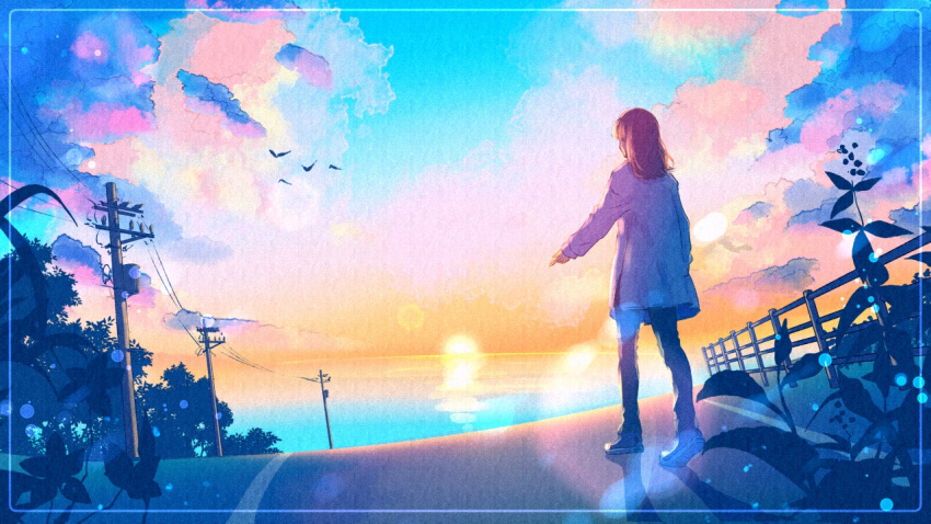 1girl bird brown_hair clouds cloudy_sky fence horizon leaf long_hair long_sleeves original plant power_lines reflection road shirt sky solo standing sunrise wacca005 white_shirt wide_shot