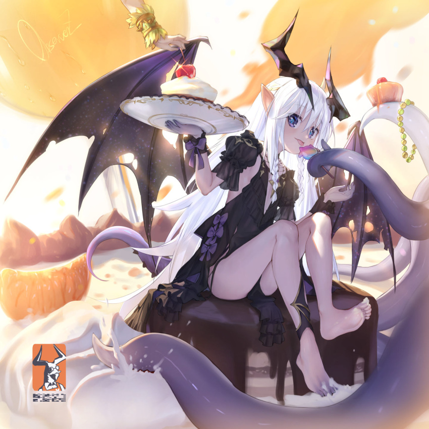 1girl :p artist_name bangs barefoot black_dress braid candy clover_theater commentary demon_girl demon_horns demon_wings dress english_commentary food full_body gloves highres horns lollipop long_hair looking_at_viewer observerz official_art plate pointy_ears signature sitting solo sweets tentacles tongue tongue_out very_long_hair violet_eyes white_hair wings