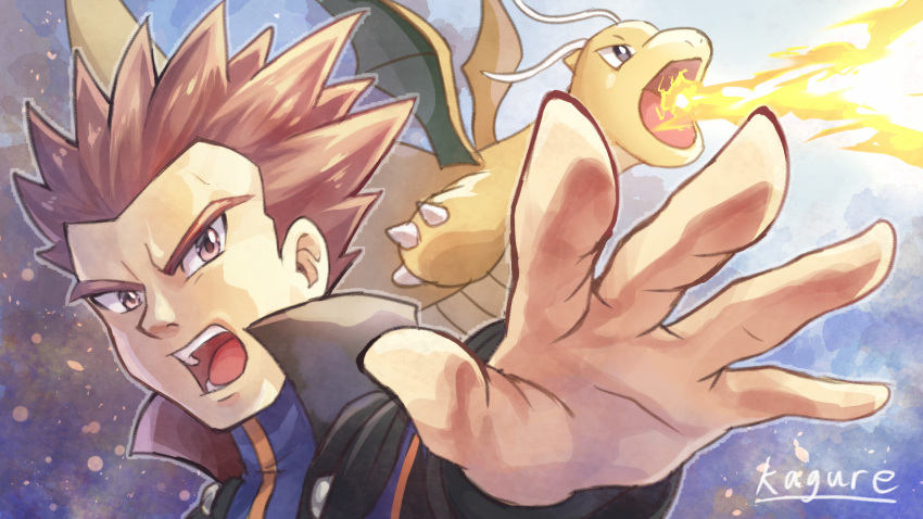 1boy blue_jacket cape commentary_request dragonite fire gen_1_pokemon highres jacket kagure_(karaguren) lance_(pokemon) looking_at_viewer male_focus open_mouth orange_hair outline pokemon pokemon_(creature) pokemon_(game) pokemon_hgss popped_collar signature spiky_hair teeth tongue upper_body