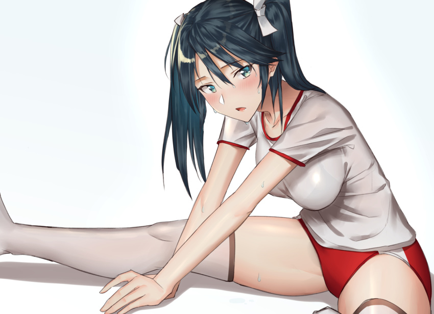 1girl blue_eyes blue_hair blush breasts commentary_request eyebrows_visible_through_hair hair_between_eyes hair_ribbon highres isuzu_(kancolle) kantai_collection large_breasts long_hair looking_at_viewer open_mouth pallad ribbon shirt simple_background sitting solo split sportswear sweatdrop twintails white_background white_ribbon white_shirt