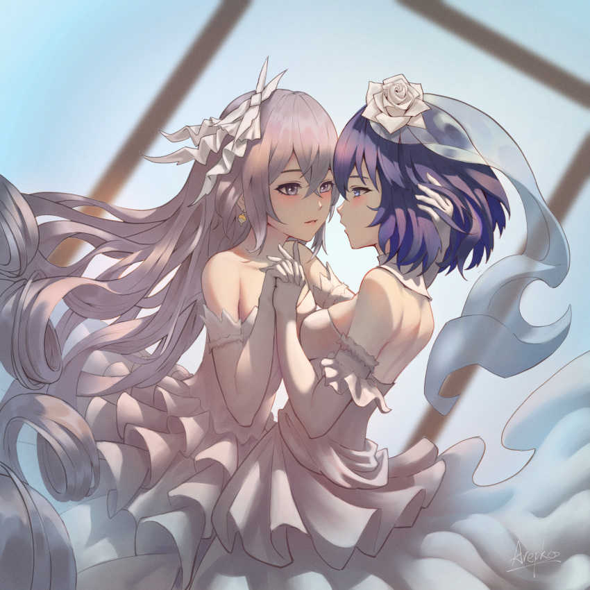2girls bangs bare_shoulders blue_eyes blurry blurry_background blush breasts bridal_veil bronya_zaychik damon_ct depth_of_field detached_collar dress dutch_angle earrings elbow_gloves eye_contact flower gloves grey_eyes hair_between_eyes hair_flower hair_ornament highres holding_hands honkai_(series) honkai_impact_3rd interlocked_fingers jewelry layered_dress looking_at_another multiple_girls parted_lips purple_hair rose see-through seele_vollerei short_hair signature silver_hair small_breasts strapless strapless_dress veil wedding_dress white_flower white_gloves white_rose yuri