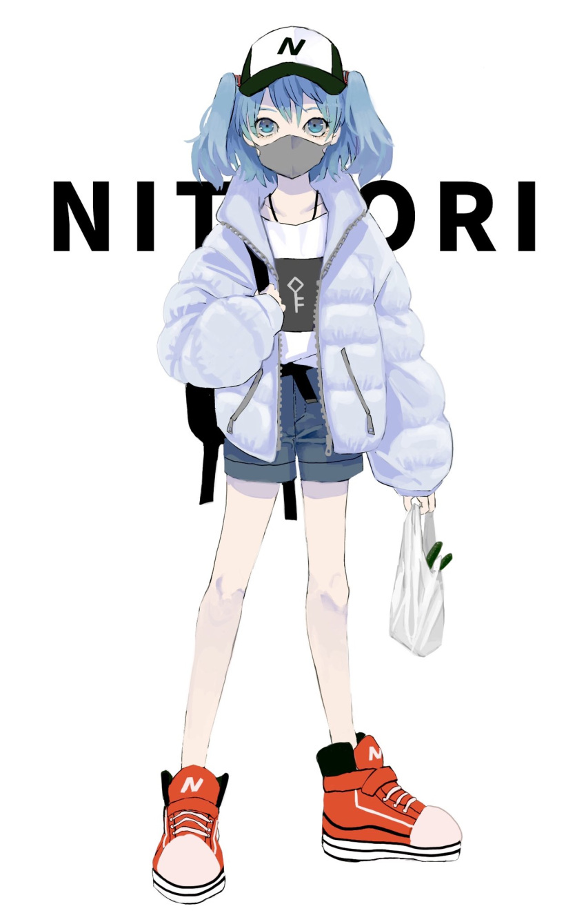 1girl backpack bag bangs belt blue_hair casual coat contemporary denim denim_shorts flat_cap full_body green_headwear hair_between_eyes hair_bobbles hair_ornament hat high_tops highres jewelry kawashiro_nitori key_print legs long_sleeves mask mouth_mask nanasuou necklace open_clothes open_coat plastic_bag print_footwear print_headwear print_shirt puffy_coat red_footwear shirt shoes shopping_bag shorts simple_background sneakers solo spring_onion standing thighs touhou twintails white_background white_shirt