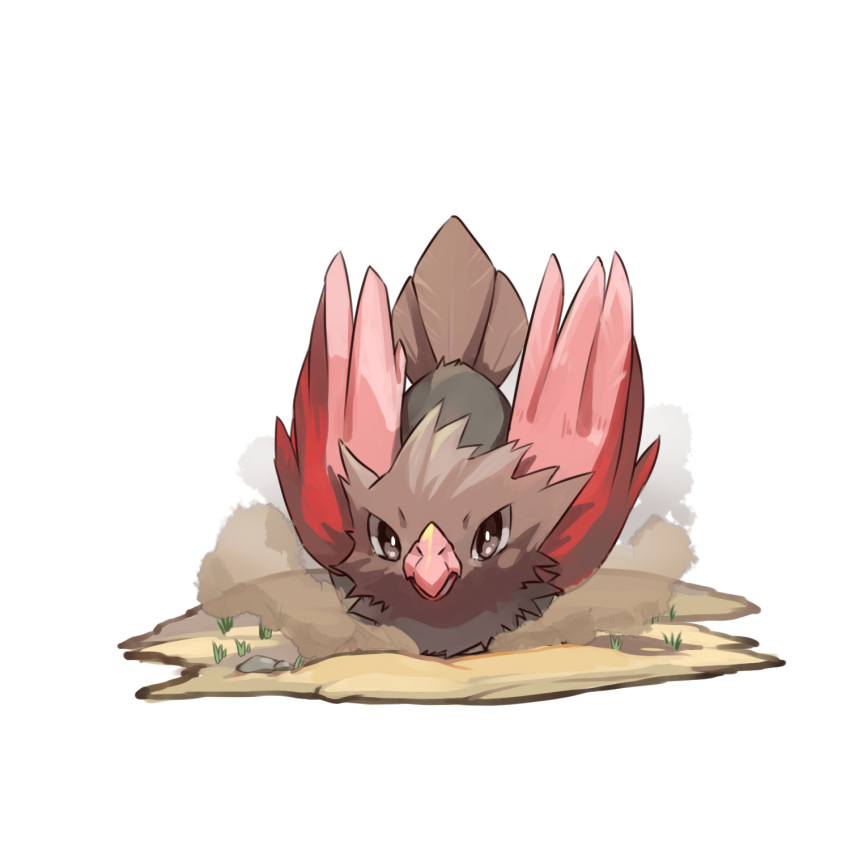 bird bright_pupils brown_eyes closed_mouth commentary_request dlitw dust full_body gen_1_pokemon grass highres no_humans pokemon pokemon_(creature) rock spearow white_background white_pupils