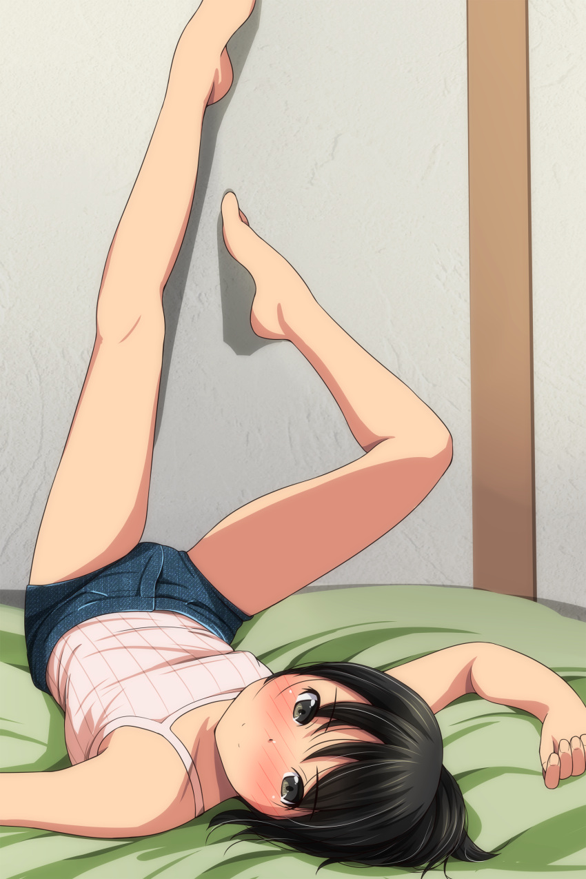 1girl absurdres bare_arms bare_legs bare_shoulders barefoot black_hair blue_shorts blush brown_eyes camisole closed_mouth denim denim_shorts highres legs_up looking_at_viewer lying matsunaga_kouyou nose_blush on_back original pink_camisole short_shorts shorts smile solo