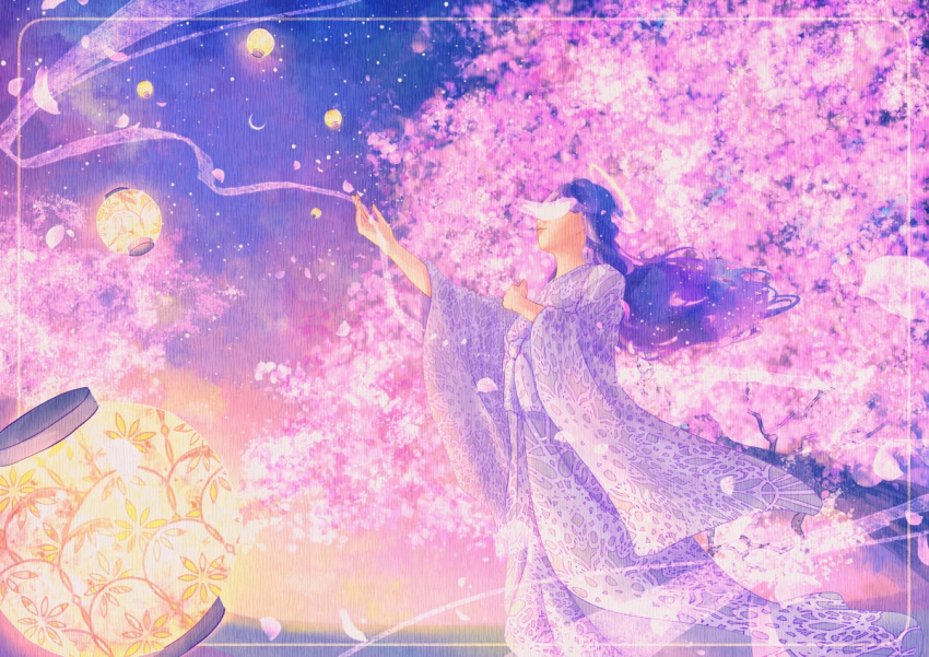 1girl covering_face floating_hair flower halo hands_up japanese_clothes kimono lantern long_hair long_sleeves original petals pink_flower purple_hair purple_kimono sky solo star_(sky) starry_sky wacca005 wide_sleeves