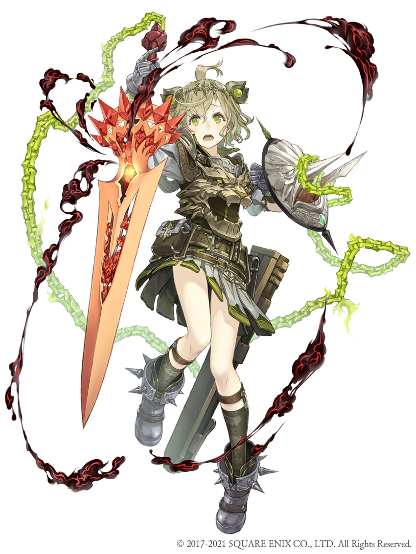 1boy ahoge armor belt belt_pouch chain full_body gauntlets green_eyes green_hair highres ji_no looking_at_viewer official_art pinocchio_(sinoalice) pouch scabbard sheath shield sinoalice smoke solo square_enix sword upper_teeth weapon white_background