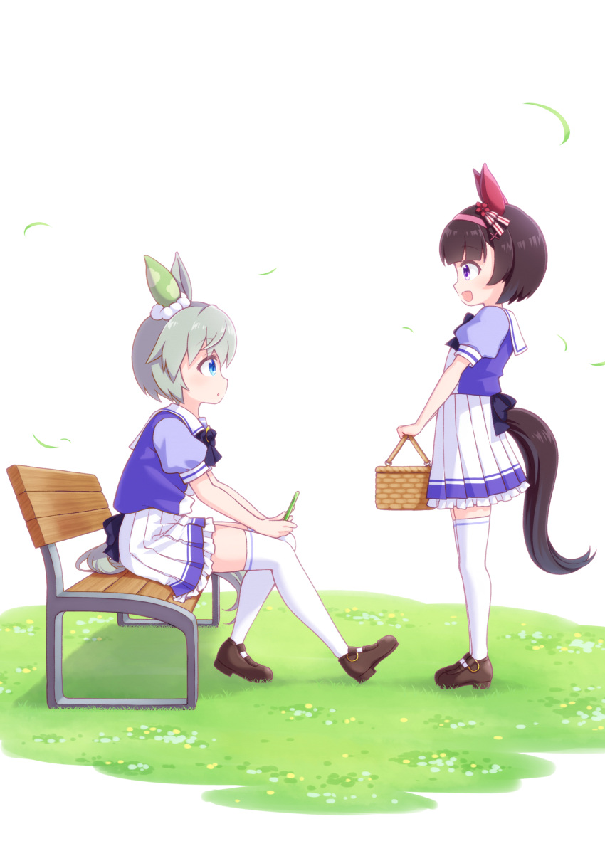 2girls :d :o absurdres animal_ears basket bench black_hair blue_eyes blue_shirt blush brown_footwear cellphone commentary_request eye_contact frilled_skirt frills grass grey_hair hairband highres holding holding_basket holding_phone horse_ears horse_girl horse_tail looking_at_another multiple_girls nishino_flower_(umamusume) on_bench open_mouth outdoors park_bench parted_lips phone pink_hairband pleated_skirt profile puffy_short_sleeves puffy_sleeves sansei_rain school_uniform seiun_sky_(umamusume) shirt shoes short_hair short_sleeves sitting sitting_on_bench skirt smile standing tail thigh-highs tracen_school_uniform umamusume violet_eyes white_background white_legwear white_skirt