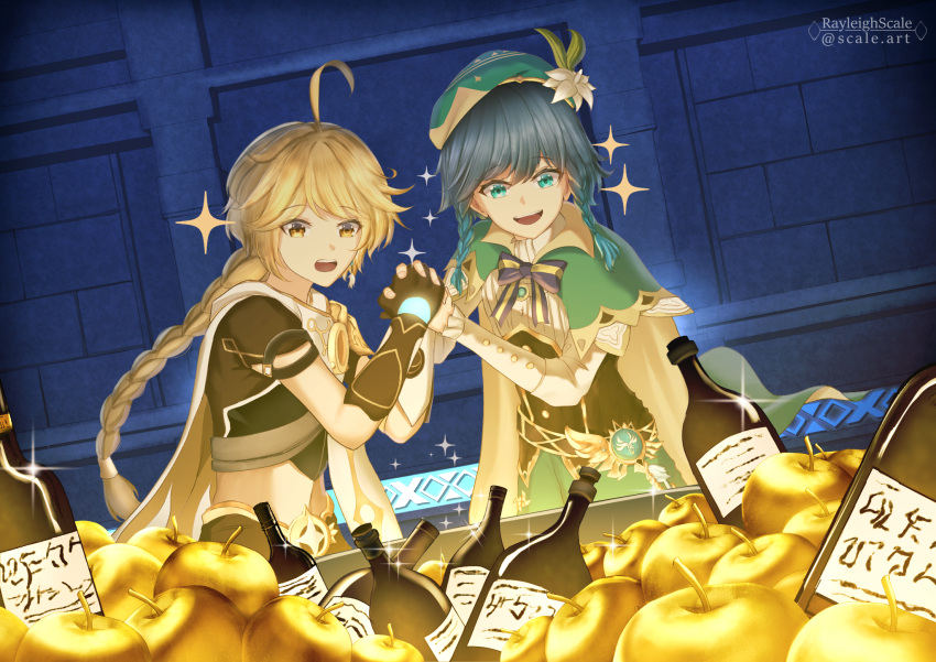 2boys aether_(genshin_impact) ahoge androgynous apple bangs beret black_hair blonde_hair blue_hair bottle bow braid brooch cape collared_cape collared_shirt corset english_commentary eyebrows_visible_through_hair flower food frilled_sleeves frills fruit gem genshin_impact gloves golden_apple gradient_hair green_eyes green_headwear green_shorts hair_between_eyes hat hat_flower highres holding holding_hands jewelry leaf long_hair long_sleeves male_focus midriff multicolored_hair multiple_boys navel open_mouth pinwheel rayleigh_scale scarf shirt short_hair_with_long_locks shorts smile sparkle stone_wall twin_braids venti_(genshin_impact) vision_(genshin_impact) wall white_flower white_shirt wine_bottle yellow_eyes