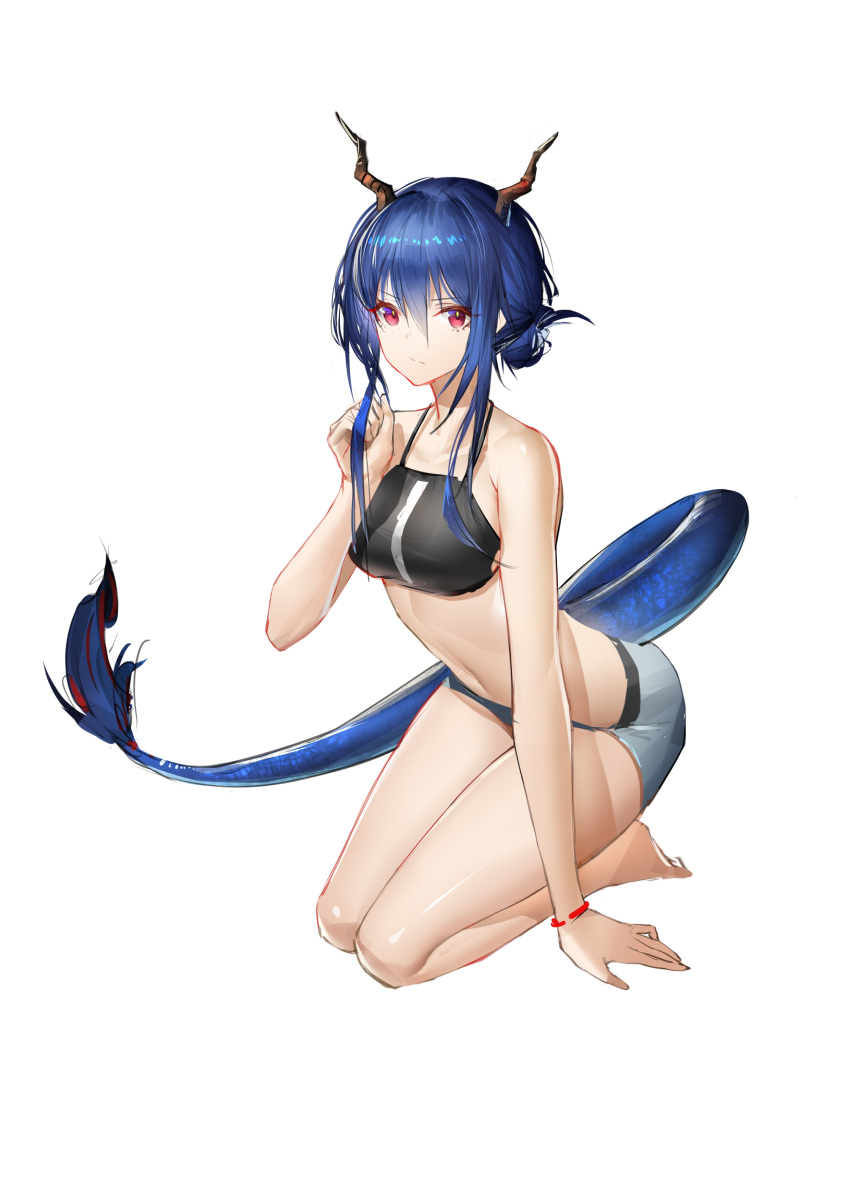 1girl absurdres arknights bangs bare_arms bare_legs bare_shoulders barefoot bikini black_bikini blue_hair ch'en_(arknights) chinese_commentary commentary_request dragon_horns dragon_tail female_tourist_c_(arknights) gkd111 grey_shorts hair_between_eyes highres horns navel red_eyes seiza short_hair_with_long_locks short_shorts shorts simple_background sitting solo stomach swimsuit tail thighs white_background