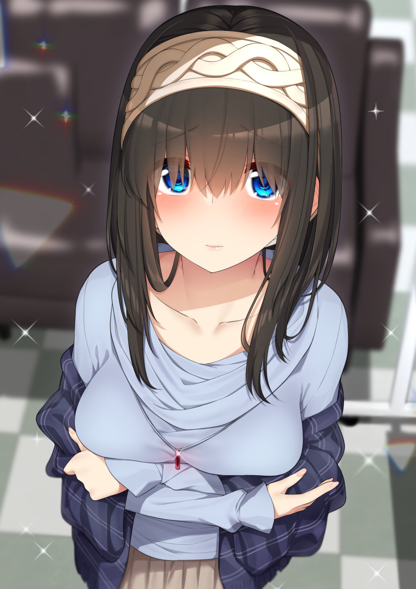 1girl absurdres bangs beige_skirt black_hair blue_eyes blue_sweater blush breasts closed_mouth collarbone crossed_arms go-1 hairband highres idolmaster idolmaster_cinderella_girls jewelry large_breasts long_hair long_sleeves looking_at_viewer necklace sagisawa_fumika shawl solo sparkle sweater