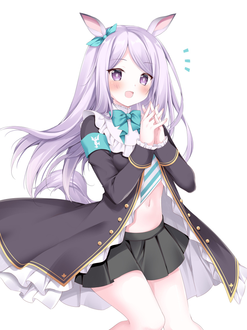 1girl :d absurdres animal_ears aqua_bow aqua_ribbon black_jacket black_skirt blush bow commentary_request ear_ribbon frilled_jacket frilled_sleeves frills hands_up highres horse_ears horse_girl horse_tail interlocked_fingers jacket korie_riko long_hair long_sleeves looking_at_viewer mejiro_mcqueen_(umamusume) notice_lines open_mouth pleated_skirt purple_hair ribbon simple_background skirt sleeves_past_wrists smile solo tail umamusume very_long_hair violet_eyes white_background