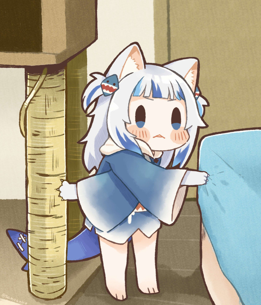 1girl :&lt; animal_ear_fluff animal_ears barefoot blue_eyes blue_hair blush_stickers cat_ears chibi claws commentary fish_tail full_body gawr_gura hair_ornament hairclip highres hololive hololive_english indoors kemonomimi_mode long_sleeves minigirl multicolored_hair same_anko shark_tail silver_hair solo streaked_hair stuck symbol_commentary tail two-tone_hair two_side_up virtual_youtuber wide_sleeves