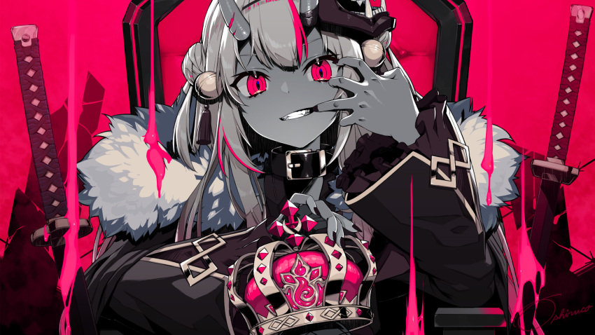 1girl bangs barbed_wire black_collar black_nails chair coat collar commentary_request crown crown_removed eyebrows_visible_through_hair finger_to_mouth fingernails fur-trimmed_coat fur_trim grin highres holding holding_crown hololive horns katana king_(vocaloid) looking_at_viewer nail_polish nakiri_ayame official_art oni_horns oni_mask oshiruko_(oshiruco_212048) pink_background pink_eyes pink_theme smile solo straight-on sword teeth throne virtual_youtuber weapon