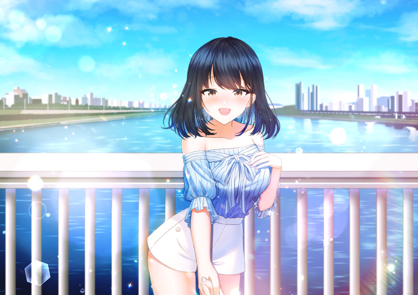 1girl :d absurdres bangs bare_shoulders black_hair blue_bow blue_shirt blue_sky blush bow breasts brown_eyes clouds collarbone commission crying crying_with_eyes_open day eyebrows_visible_through_hair hand_up highres holding_hands long_hair looking_at_viewer mamel_27 medium_breasts nose_blush off-shoulder_shirt off_shoulder open_mouth original outdoors puffy_short_sleeves puffy_sleeves railing ribbed_shirt river shirt short_shorts short_sleeves shorts sky smile solo_focus striped striped_bow tears water white_shorts
