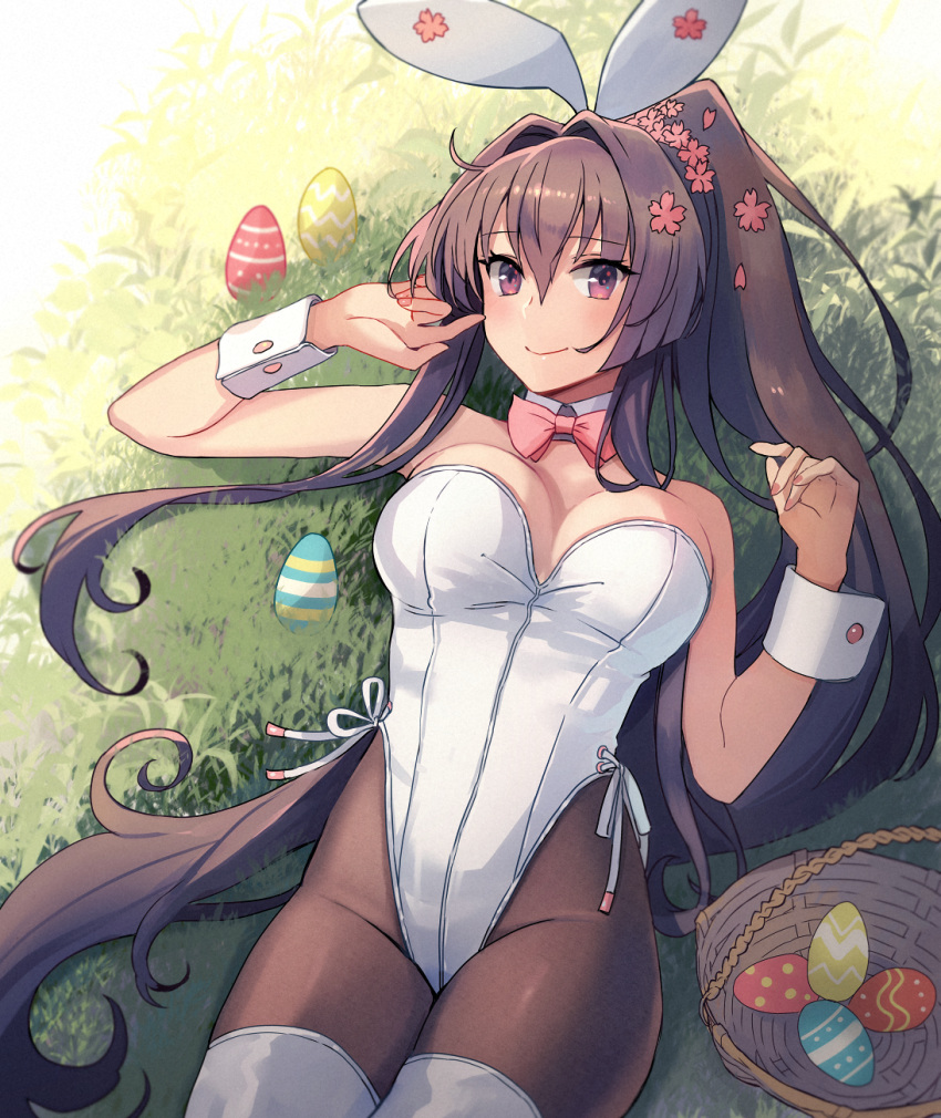 1girl animal_ears bare_shoulders black_legwear boots bow bowtie breasts brown_hair easter easter_egg egg flower hair_between_eyes hair_flower hair_intakes hair_ornament highres kantai_collection kasumi_(skchkko) large_breasts leotard long_hair looking_at_viewer lying on_back outdoors pantyhose pink_neckwear playboy_bunny ponytail rabbit_ears solo thigh-highs thigh_boots very_long_hair violet_eyes white_footwear white_leotard wrist_cuffs yamato_(kancolle)