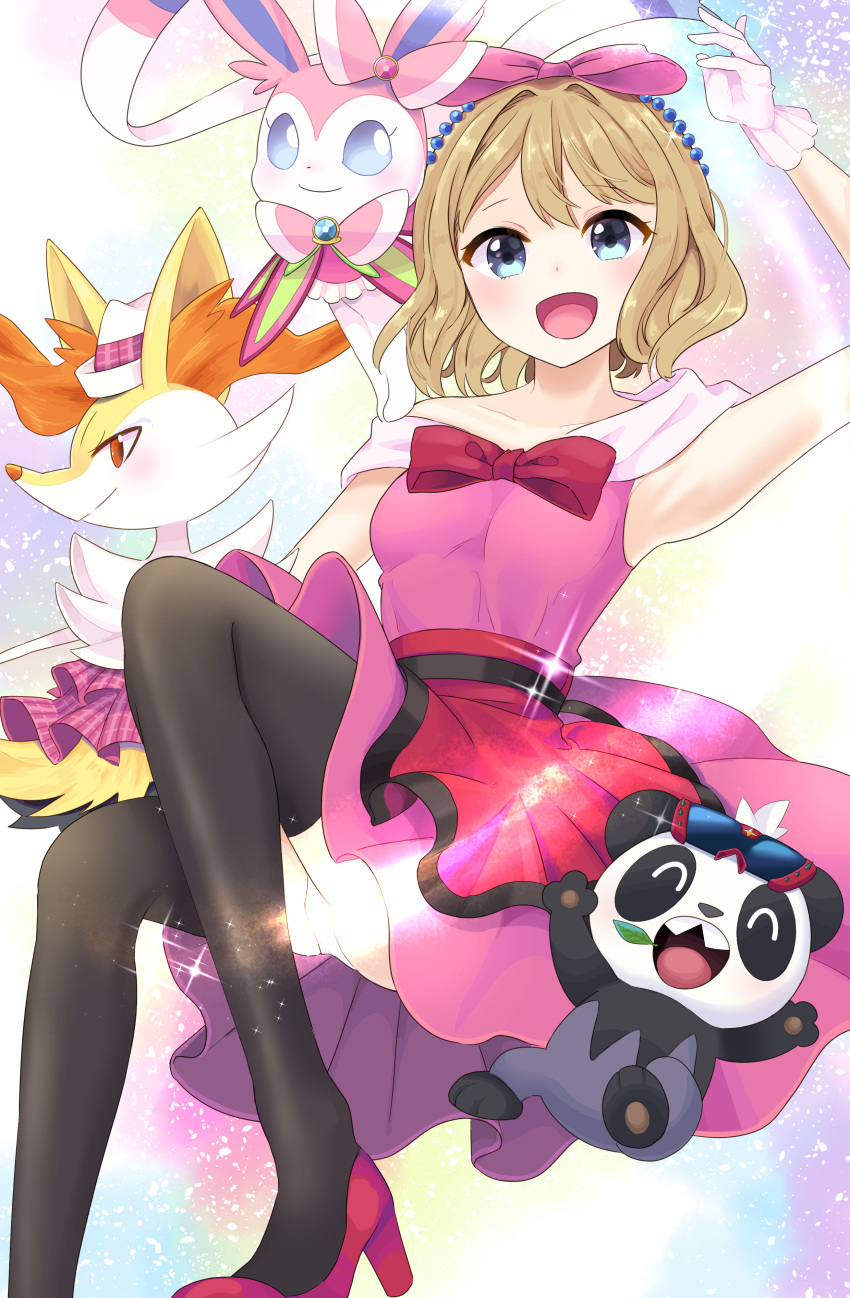 1girl :d absurdres bangs beads blonde_hair blue_eyes blush bow braixen collarbone commentary_request dress eyelashes gen_6_pokemon gloves high_heels highres looking_at_viewer medium_hair open_mouth pancham pink_gloves pokemon pokemon_(anime) pokemon_(creature) pokemon_xy_(anime) red_bow serena_(pokemon) smile sparkle stigma1101 sylveon thigh-highs tongue