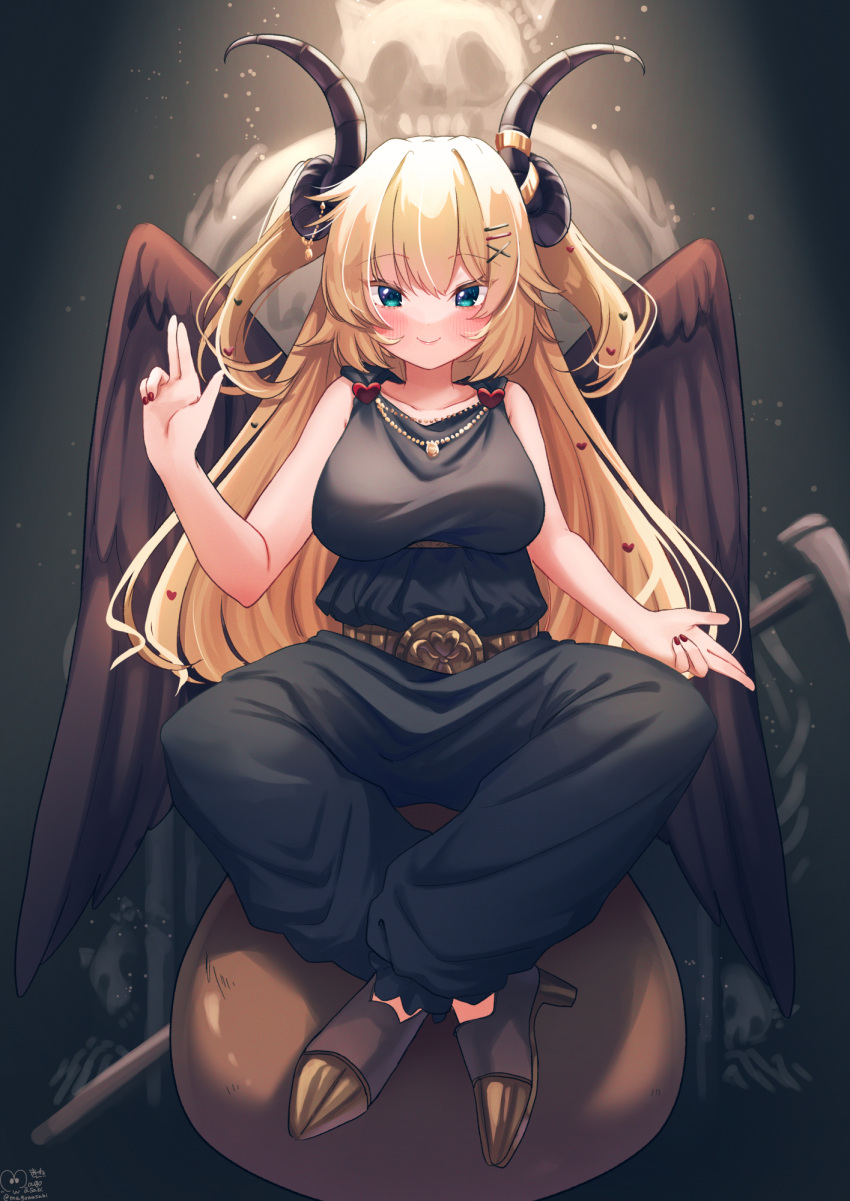 1girl akai_haato aqua_eyes bangs black_pants black_shirt blonde_hair blush breasts collarbone commentary_request crossed_ankles demon_horns eyebrows_visible_through_hair fingernails full_body hair_ornament hairpin hand_up heart heart_hair_ornament highres hololive horns long_hair looking_at_viewer magowasabi medium_breasts nail_polish pants puffy_pants red_nails shirt sitting sleeveless smile solo two_side_up very_long_hair virtual_youtuber wings x_hair_ornament