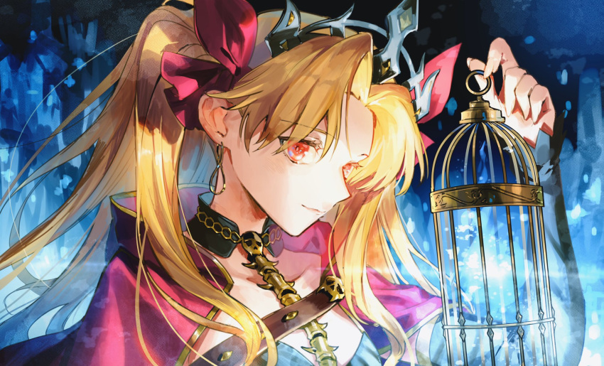 1girl belt bikkusama blonde_hair blue_light cage cape crown ereshkigal_(fate) fate/grand_order fate_(series) hair_ornament hair_ribbon highres holding holding_cage jewelry light long_hair necklace orange_eyes red_cape ribbon sewer smile solo twintails upper_body