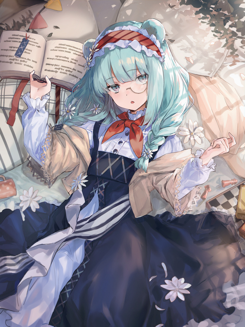 1girl animal_ears arknights bangs bear_ears blue_dress blue_eyes blue_hair book braid chess_piece chessboard commentary_request day dress eyebrows_visible_through_hair from_above hairband hand_up happitan_no_kona highres holding holding_book istina_(arknights) istina_(bibliosmia)_(arknights) lolita_hairband long_hair long_sleeves looking_at_viewer lying monocle neckerchief on_back on_bed open_book pillow red_neckwear semi-rimless_eyewear shade solo sunlight twin_braids