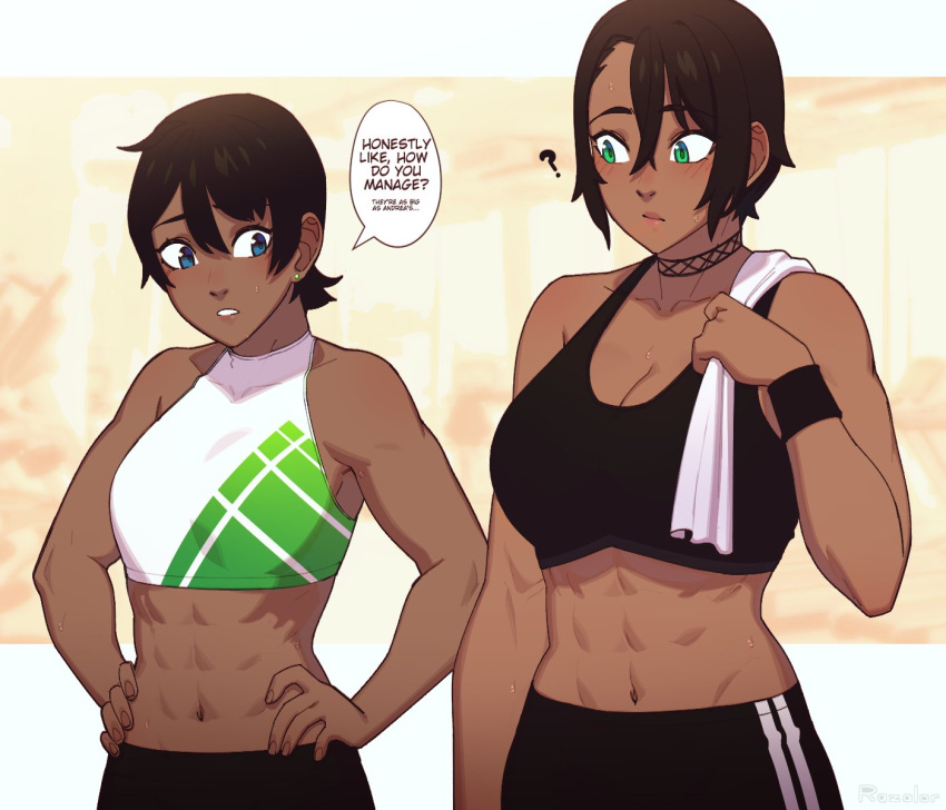 2girls :/ ? abs bangs bare_arms bare_shoulders biceps black_hair blue_eyes breasts collarbone commentary covered_collarbone dark_skin dark-skinned_female earrings english_commentary english_text green_eyes hair_between_eyes hand_on_hip highres jewelry k'lyn large_breasts looking_at_another midriff multiple_girls muscular muscular_female navel original parted_lips razalor short_hair small_breasts speech_bubble sports_bra stud_earrings sweat towel_on_one_shoulder wristband