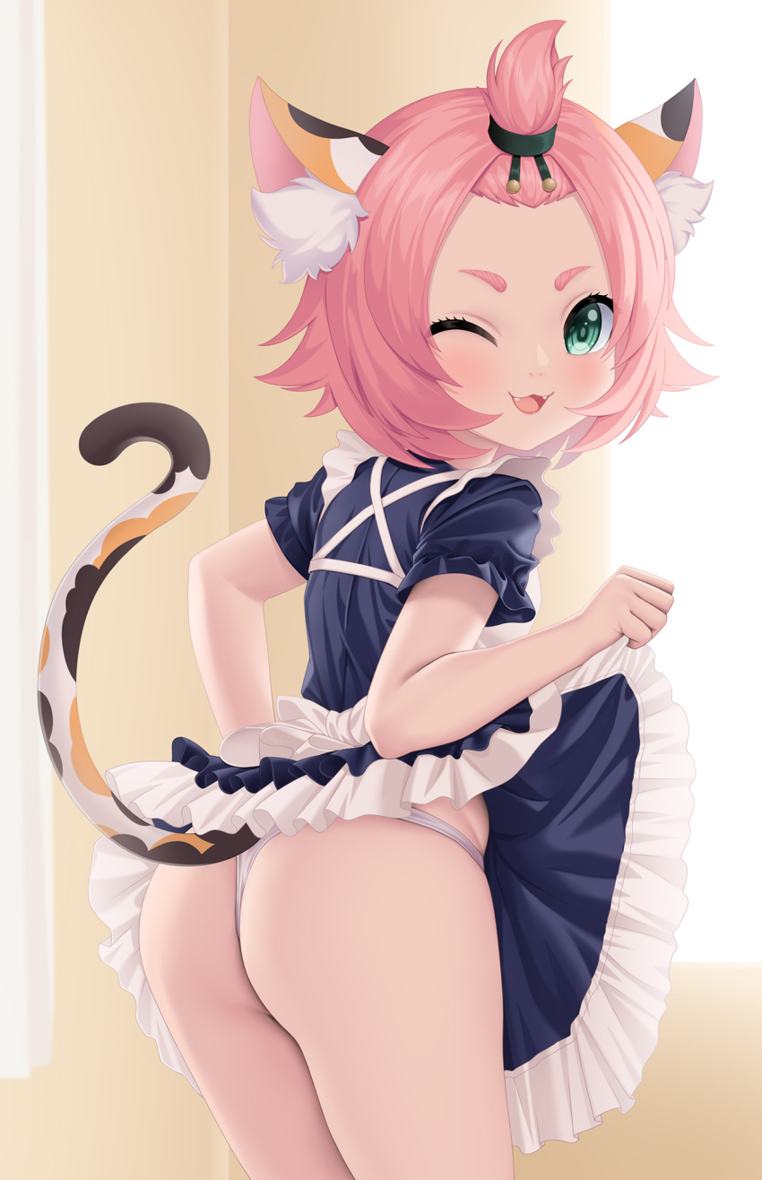 1girl :3 ;d alternate_costume animal_ears apron arvind ass cat_ears cat_girl cat_tail diona_(genshin_impact) dress dress_lift fangs frilled_dress frills from_behind genshin_impact hair_ornament highres lifted_by_self looking_at_viewer looking_back maid maid_apron one_eye_closed open_mouth panties pink_hair short_eyebrows short_hair short_sleeves skirt skirt_lift smile solo tail thick_eyebrows thigh-highs tied_hair underwear white_panties