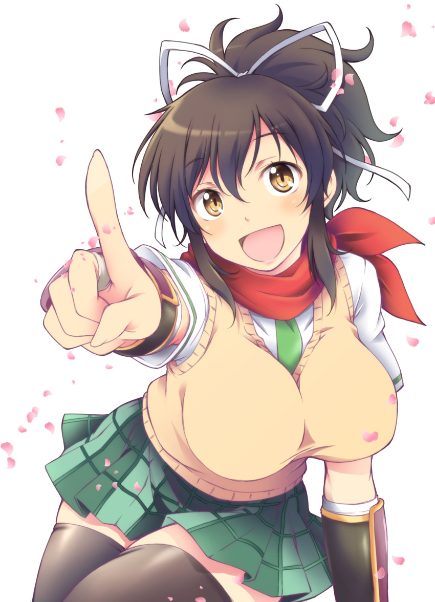 1girl arm_guards asuka_(senran_kagura) bandages breasts brown_hair cherry_blossoms green_neckwear hair_ribbon highres index_finger_raised iwami_kyuuto large_breasts long_hair looking_at_viewer necktie ninja open_mouth outstretched_hand pointing ponytail red_scarf ribbon scarf senran_kagura shirt sitting skirt smile sweater_vest thigh-highs vest white_shirt yellow_eyes