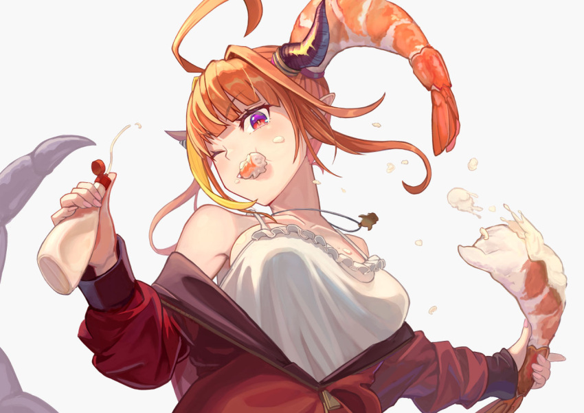 1girl ahoge bangs bare_shoulders blonde_hair blunt_bangs bottle bow breasts camisole collarbone crustacean diagonal-striped_bow dragon_girl dragon_horns dragon_tail eating eyebrows_visible_through_hair food food_in_mouth frilled_camisole from_below hair_as_food hair_intakes highlights holding holding_bottle holding_food hololive horn_bow horns jacket jewelry kiryu_coco large_breasts light_blush long_sleeves looking_at_viewer mayonnaise mayonnaise_bottle medium_hair multicolored multicolored_eyes multicolored_hair off_shoulder official_alternate_costume one_eye_closed open_clothes open_jacket orange_hair partially_unzipped pendant pointy_ears red_eyes red_jacket sakumichi shrimp sidelocks simple_background solo squeeze_bottle squeezing streaked_hair striped striped_bow tail track_jacket upper_body violet_eyes virtual_youtuber white_background white_camisole zipper_pull_tab