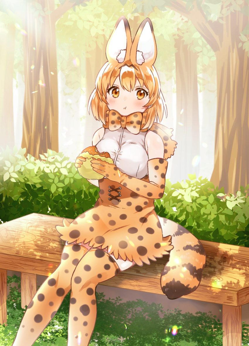 1girl animal_ears bare_shoulders blonde_hair blush bow bowtie burger commentary_request eating elbow_gloves eyebrows_visible_through_hair food gloves high-waist_skirt highres kemono_friends looking_at_viewer multicolored_hair print_gloves print_legwear print_neckwear print_skirt serval_(kemono_friends) serval_ears serval_girl serval_print serval_tail shirt short_hair sitting skirt sleeveless solo suicchonsuisui tail thigh-highs white_shirt yellow_eyes zettai_ryouiki
