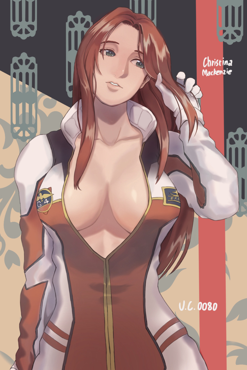 1girl absurdres breasts character_name christina_mackenzie collarbone green_eyes gundam gundam_0080 head_tilt highres jinri_shijie long_hair looking_to_the_side medium_breasts nose parted_hair parted_lips pilot_suit redhead solo upper_body wide_hips