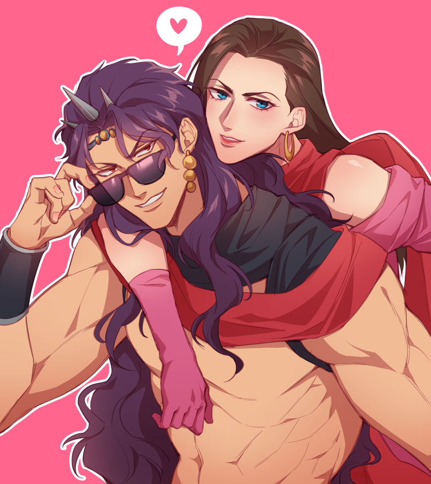 1boy 1girl absurdres bare_shoulders battle_tendency blue_eyes borrowed_garments brown_hair davierrr earrings eyebrows eyebrows_visible_through_hair eyelashes eyewear_switch gloves grin heart hetero highres hoop_earrings horns hug hug_from_behind jewelry jojo_no_kimyou_na_bouken kars_(jojo) lisa_lisa long_hair looking_at_viewer manly mature_female muscular muscular_male pink_background purple_hair red_lips red_scarf scarf shared_scarf smile spoken_heart sunglasses teeth very_long_hair