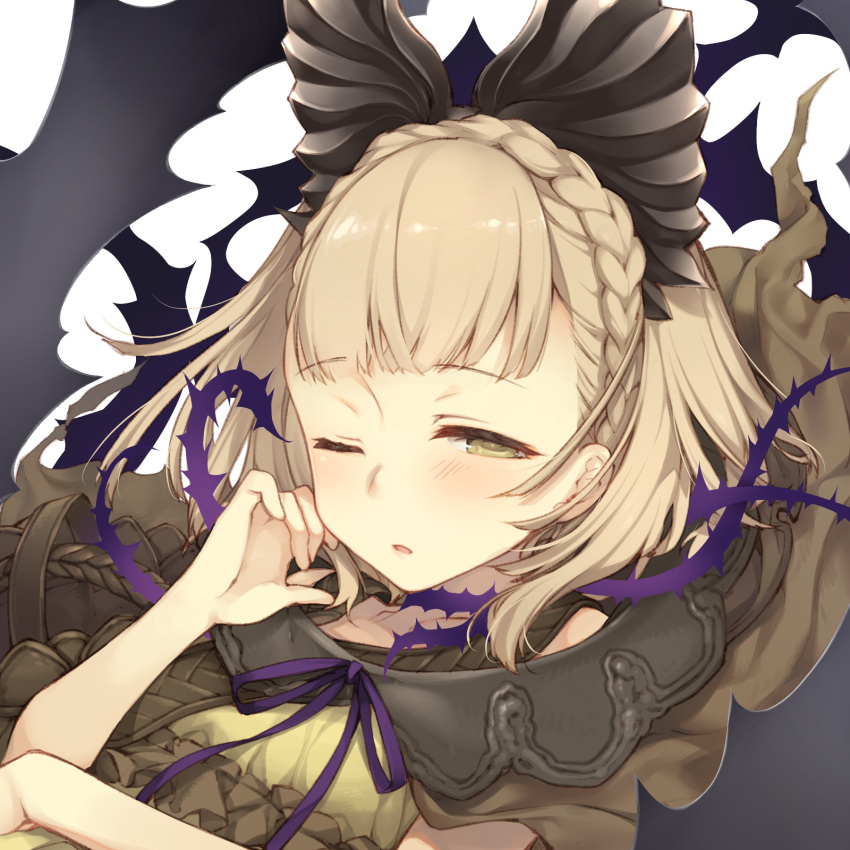 1girl blonde_hair blush braid briar_rose_(sinoalice) hair_ornament highres looking_at_viewer one_eye_closed open_mouth ribbon short_hair sinoalice solo teroru thorns tired yellow_eyes