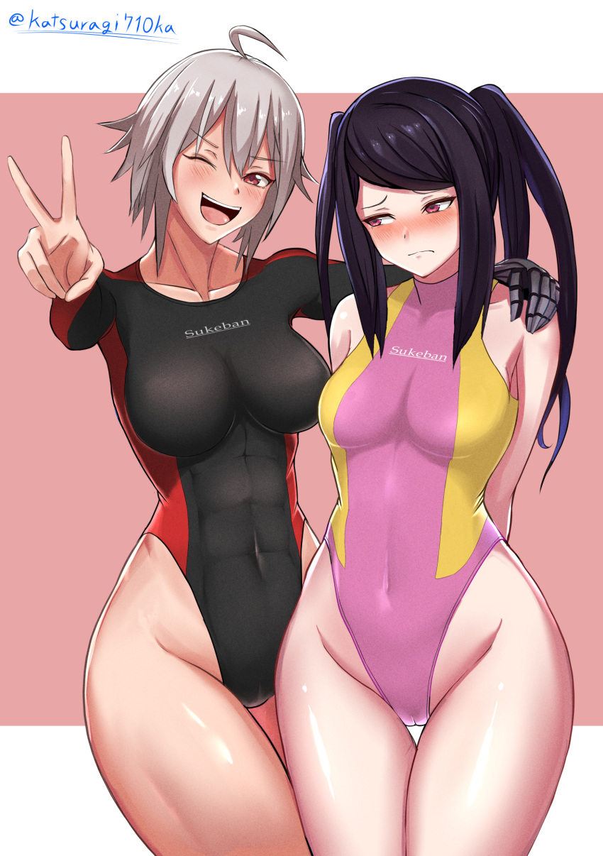 2girls abs absurdres ahoge arms_behind_back black_hair black_swimsuit breasts commentary_request competition_swimsuit covered_navel cowboy_shot dana_zane english_commentary highleg highleg_swimsuit highres jill_stingray katsuragi_nantoka large_breasts long_hair long_sleeves medium_breasts mixed-language_commentary multiple_girls one-piece_swimsuit pink_background pink_swimsuit red_eyes short_hair silver_hair swimsuit turtleneck twintails twitter_username v va-11_hall-a