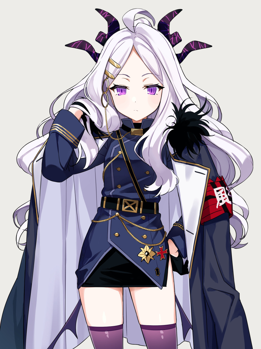 1girl absurdres armband belt blue_archive bored commentary_request grey_background hair_ornament highres hina_(blue_archive) horns long_hair looking_at_viewer military military_jacket military_uniform renshuchou silver_hair simple_background solo thigh-highs uniform violet_eyes