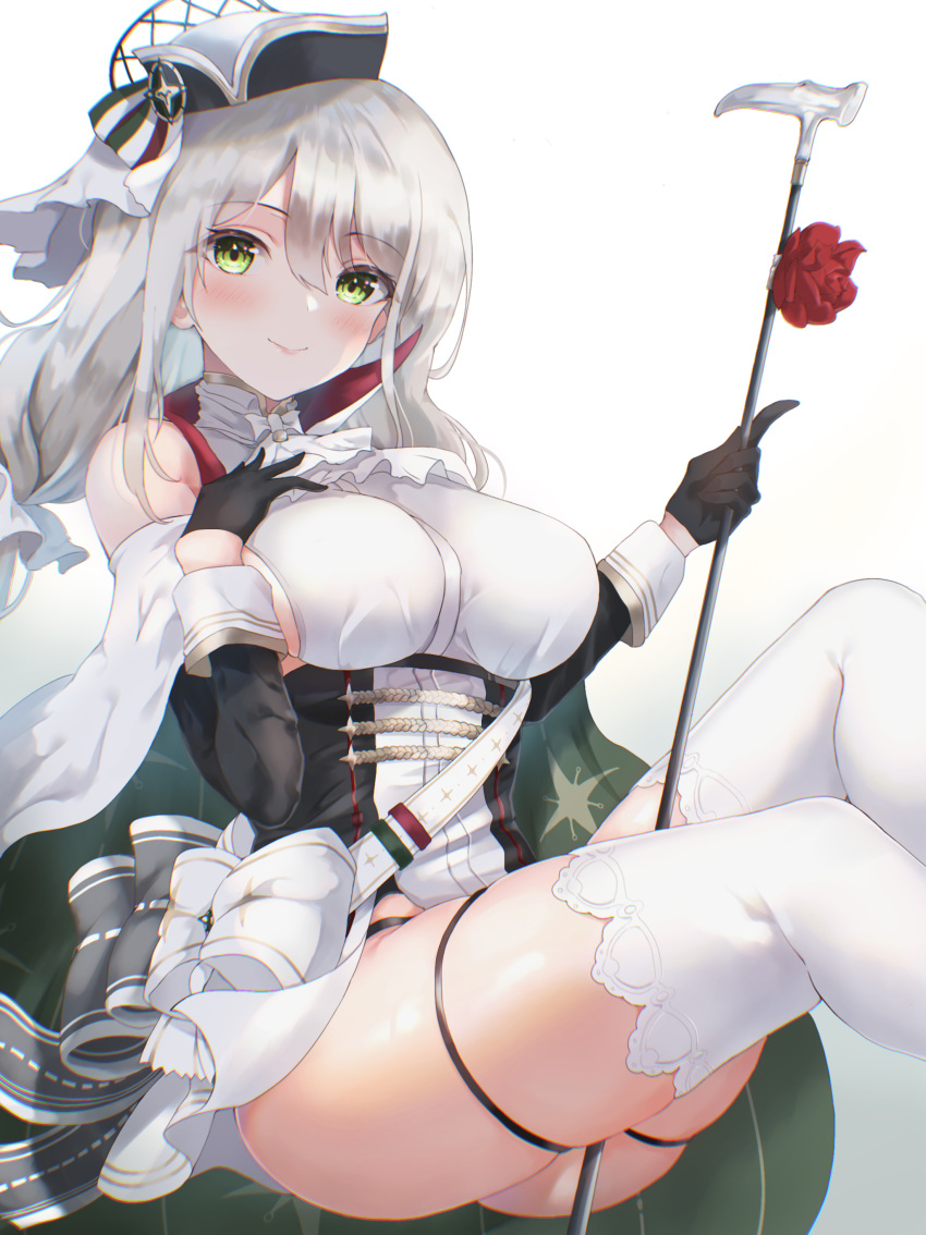 1girl absurdres aquila_(azur_lane) ass azur_lane bangs black_gloves blush breasts commentary_request detached_sleeves eyebrows_visible_through_hair futon_fly_away gloves green_eyes hat highres holding holding_staff large_breasts long_hair looking_at_viewer sidelocks silver_hair simple_background sitting smile solo staff thigh-highs white_legwear