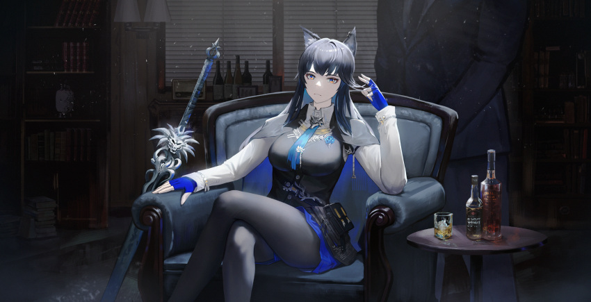 1girl 1other absurdres alcohol animal_ears arknights armchair black_hair black_pantyhose black_vest blue_gloves blue_necktie blue_shorts book book_stack bottle breasts cape chair collared_shirt crossed_legs cup dark ear_piercing feet_out_of_frame fingerless_gloves gloves hand_in_own_hair highres ice ice_cube indoors jangsunyo lamp large_breasts long_hair looking_at_viewer necktie pantyhose pantyhose_under_shorts piercing shelf shirt shorts sitting solo sword table texas_(arknights) texas_the_omertosa_(arknights) thighs vest weapon white_cape white_shirt wolf_ears wolf_girl yellow_eyes