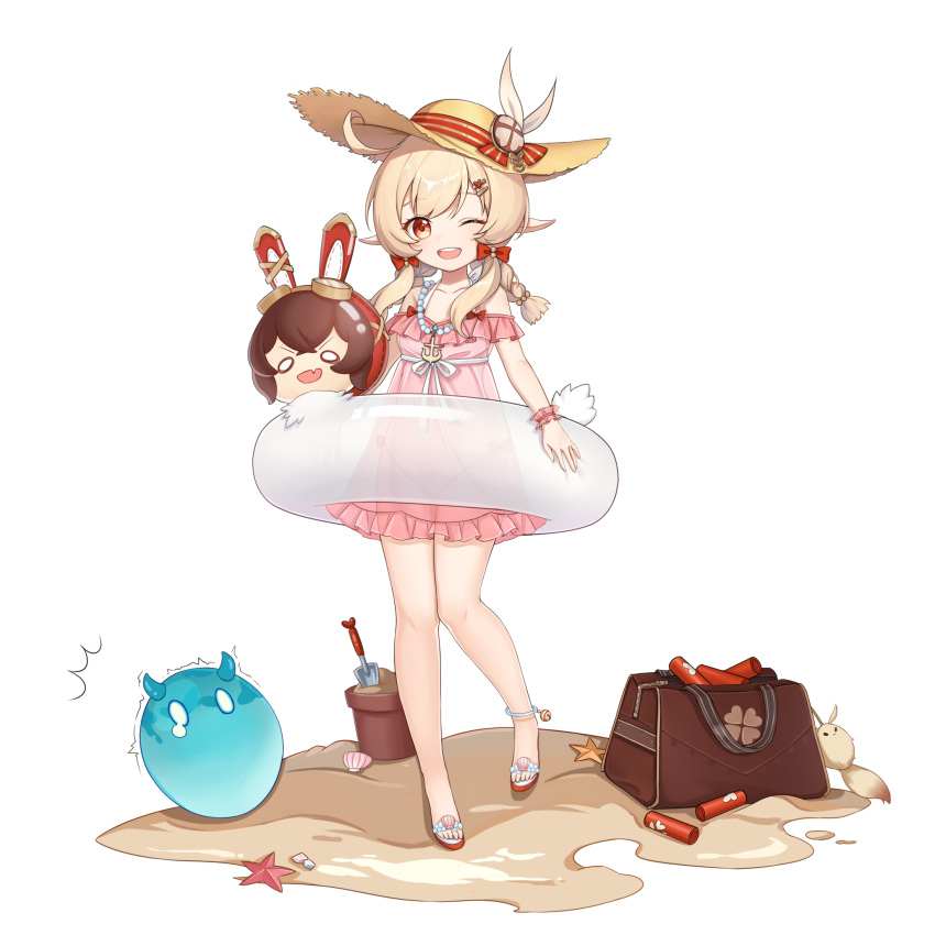 1girl :d ;d ahoge alternate_hairstyle anklet bag bangs baron_bunny_(genshin_impact) beach bomb braid brown_eyes collarbone commentary_request dodoco_(genshin_impact) dress eyebrows_visible_through_hair frilled_dress frills full_body genshin_impact hair_between_eyes hat highres innertube jewelry klee_(genshin_impact) light_brown_hair long_hair looking_at_viewer necklace one_eye_closed open_mouth pink_dress que_meng_meng sand_bucket shell shoulder_bag sidelocks simple_background slime_(genshin_impact) smile solo starfish straw_hat twin_braids white_background