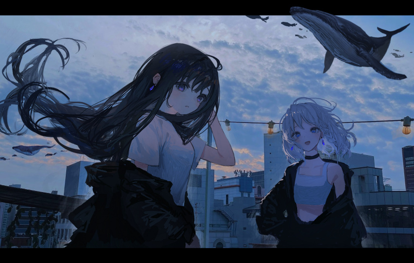 2girls ahoge bangs black_choker black_hair black_jacket blue_eyes breasts building choker city clouds crop_top earrings es-ther highres jacket jewelry letterboxed long_hair long_sleeves multiple_girls off_shoulder open_mouth original outside_border parted_lips shirt short_sleeves sky very_long_hair violet_eyes whale white_hair white_shirt