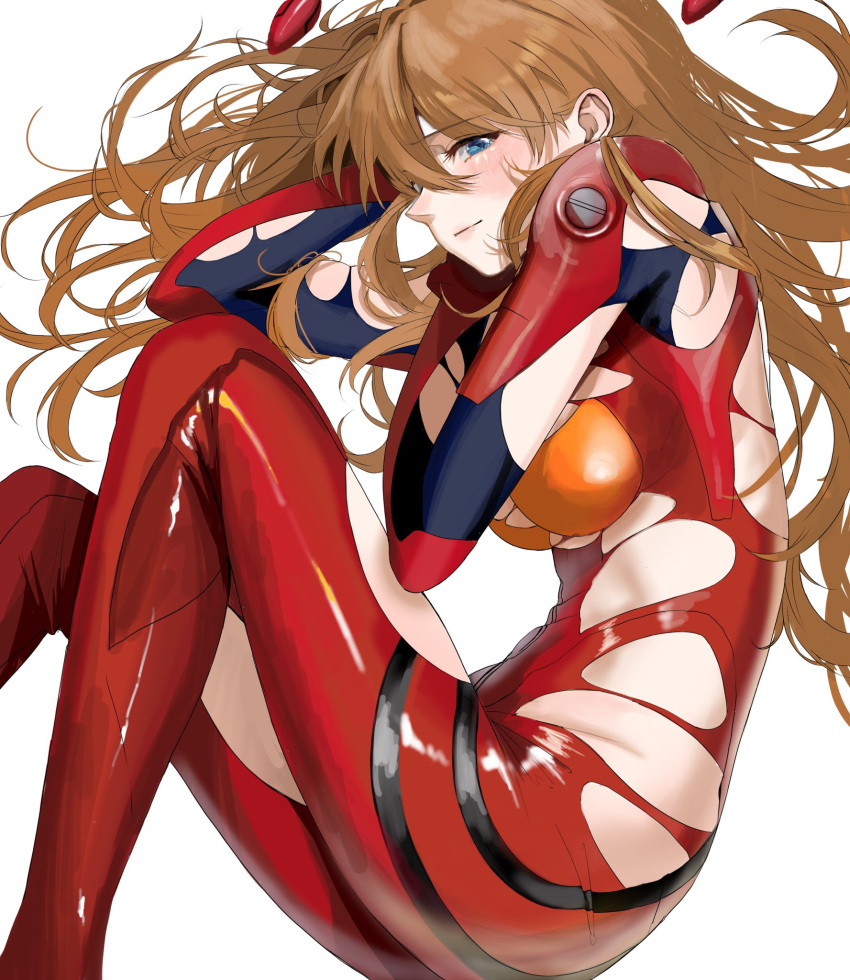 1girl blue_eyes blush bodysuit breasts brown_hair closed_mouth evangelion:_3.0+1.0_thrice_upon_a_time eyebrows_visible_through_hair eyelashes feet_out_of_frame fetal_position from_above hair_between_eyes highres lips long_hair looking_at_viewer lying medium_breasts muu_(muu_shiromiya) neon_genesis_evangelion on_side plugsuit rebuild_of_evangelion red_bodysuit shikinami_asuka_langley shiny shiny_clothes simple_background solo souryuu_asuka_langley torn_bodysuit torn_clothes white_background