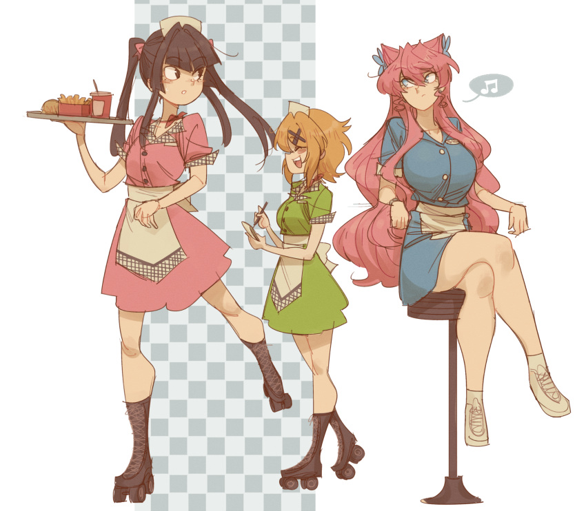 3girls akatsuki_kirika apron bangs black_eyes black_footwear black_hair blonde_hair blue_dress blue_eyes breasts closed_eyes cup disposable_cup dress eyebrows_visible_through_hair food french_fries green_dress gutalalaman hair_ears highres holding holding_notepad holding_tray large_breasts long_hair looking_to_the_side maria_cadenzavna_eve medium_breasts multiple_girls musical_note notepad pink_dress roller_skates senki_zesshou_symphogear shoes short_hair skates small_breasts sneakers speech_bubble spoken_musical_note tray tsukuyomi_shirabe twintails waitress white_footwear
