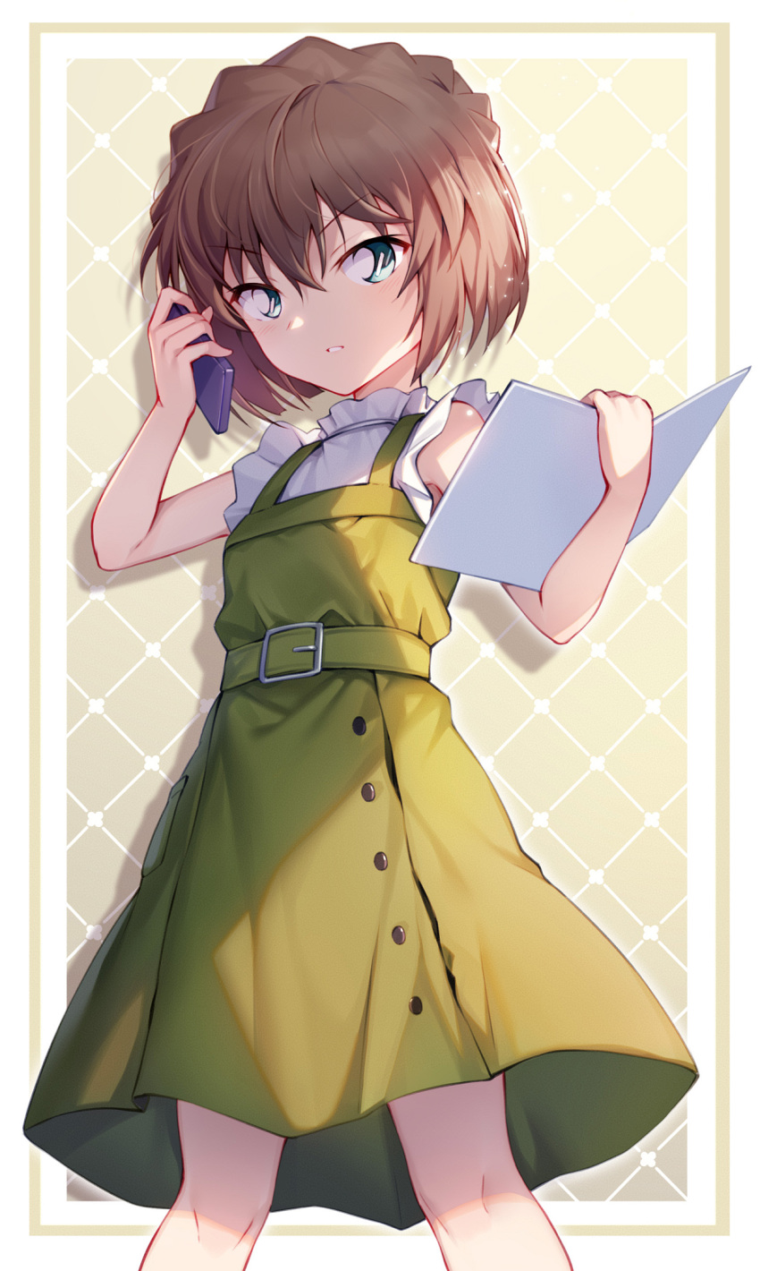1girl bangs bare_shoulders belt blue_eyes brown_hair commentary_request dress eyebrows_visible_through_hair green_belt green_dress haibara_ai hands_up highres holding holding_phone looking_at_viewer meitantei_conan parted_lips phone pinafore_dress shiny shiny_skin short_hair sleeveless solo taro_(ultrataro) teeth