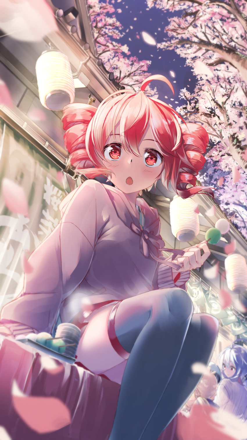 ahoge bangs blue_legwear blush cherry_blossoms chestnut_mouth commentary_request daidou_(demitasse) drill_hair eyebrows_visible_through_hair feet_out_of_frame food hair_between_eyes highres holding holding_food hood hood_down hoodie kasane_teto long_sleeves looking_at_viewer outdoors petals purple_hoodie red_eyes redhead short_hair sitting thigh-highs twin_drills twintails utau