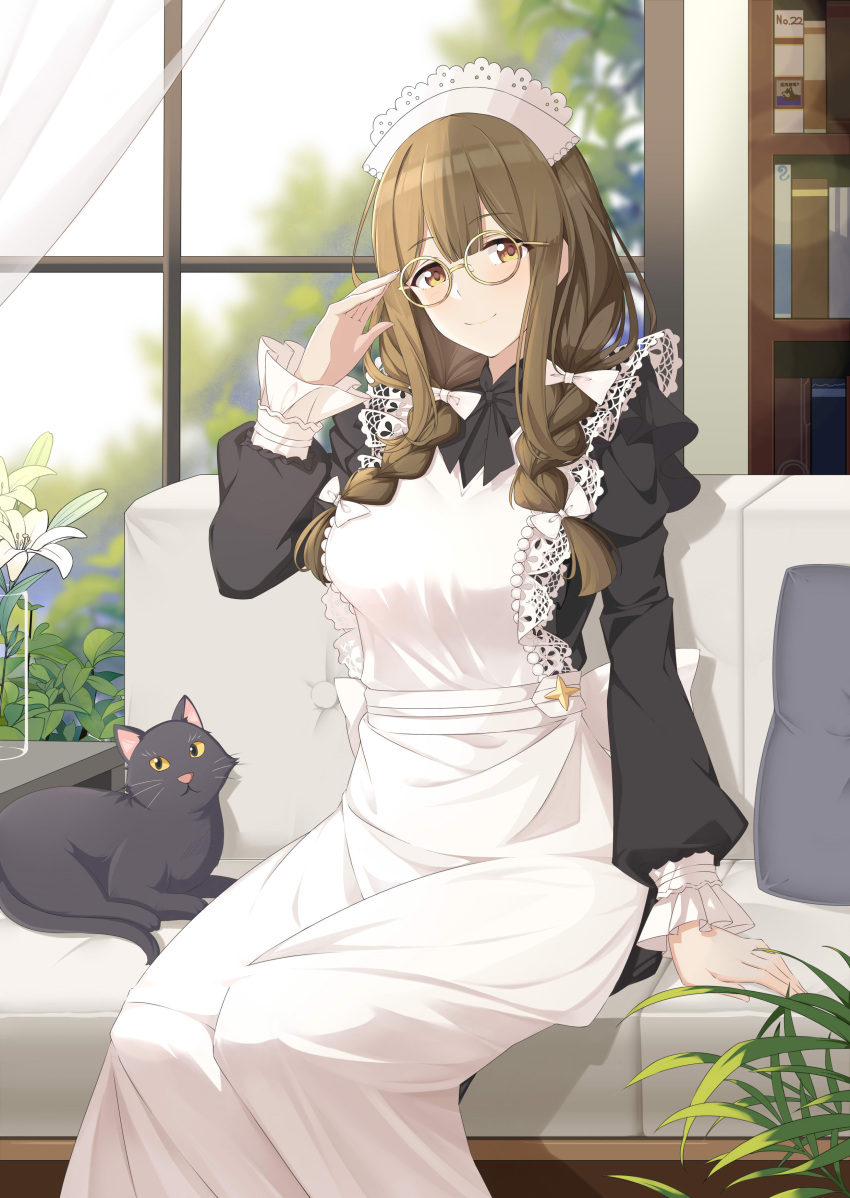 1girl absurdres alternate_costume apron bangs beads blunt_bangs bookshelf bow braid brown_hair cat couch curtains enmaided flower french_braid glasses hair_bow hair_over_shoulder head_tilt highres idolmaster idolmaster_shiny_colors kuwayama_chiyuki long_hair long_sleeves looking_at_viewer maid maid_apron maid_headdress pillow puffy_long_sleeves puffy_sleeves round_eyewear sitting smile solo twin_braids vase white_apron white_bow window yellow-framed_eyewear yellow_eyes ying_yanyu