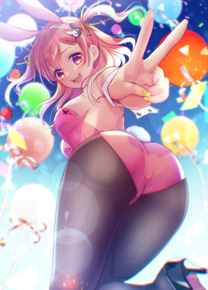 1girl :d animal_ears ass balloon bang_dream! bangs bare_back bare_shoulders black_footwear black_legwear blurry blurry_background blush breasts bunny_hair_ornament bunny_tail confetti day fake_animal_ears fake_tail foot_out_of_frame from_below hair_ornament hair_ribbon hairband hairclip high_heels highres hiromachi_nanami lens_flare leotard looking_at_viewer medium_breasts medium_hair nail_polish open_mouth outdoors pantyhose perspective pink_hair pink_leotard playboy_bunny rabbit_ears ribbon short_twintails sideboob sidelocks sky sleeveless smile solo standing strapless strapless_leotard tail tsurugi_hikaru twintails upper_teeth v violet_eyes wrist_cuffs yellow_nails yellow_ribbon