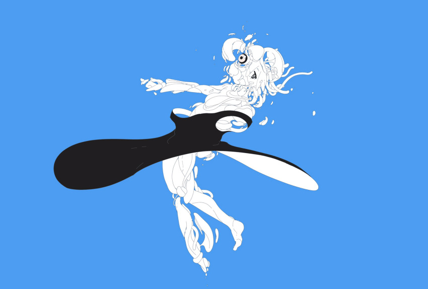 1girl black_dress blue_background disintegration dissolving dress eyeball floating_clothes full_body highres limited_palette looking_at_viewer mendakoanime original simple_background solo surreal