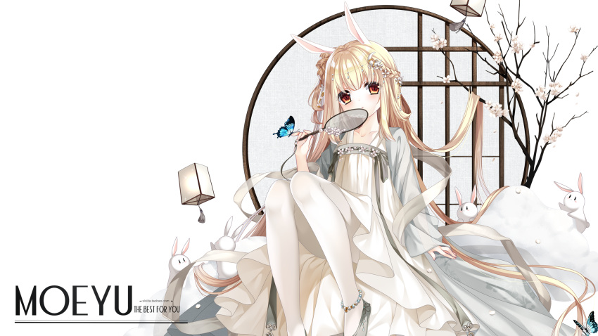 1girl animal bare_tree blonde_hair brown_eyes bug butterfly chinese_clothes closed_mouth commentary_request dress english_text feet_out_of_frame flower grey_footwear hand_up hanfu highres holding knees_up loading_(verjuice) long_hair long_sleeves looking_at_viewer open_clothes original pantyhose rabbit see-through shoes sleeves_past_wrists snow solo tree very_long_hair watermark web_address white_background white_dress white_flower white_legwear wide_sleeves