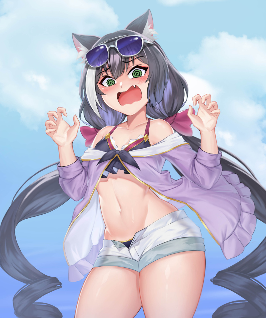 1girl absurdres animal_ears bare_shoulders bikini bikini_top black_hair blue_sky blush bow breasts cat_ears drill_hair embarrassed eyewear_on_head fang green_eyes hair_bow hands_up highres karyl_(princess_connect!) looking_at_viewer low_twintails midriff navel open_clothes open_fly open_mouth princess_connect! princess_connect!_re:dive short_shorts shorts sky small_breasts standing stomach swimsuit twin_drills twintails usagi_(wem7538) wavy_mouth