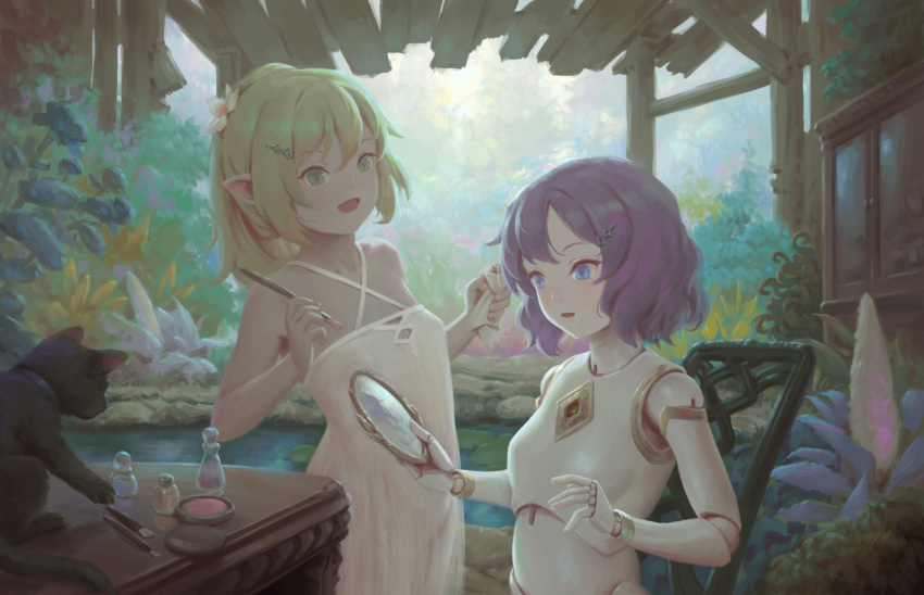 2girls :d bigrbear black_cat blonde_hair blue_eyes breasts cat chair doll_joints dress green_eyes hair_ornament hairclip highres holding holding_mirror joints makeup_brush medium_hair mirror multiple_girls open_mouth original outdoors plant pointy_ears pond purple_hair small_breasts smile white_dress