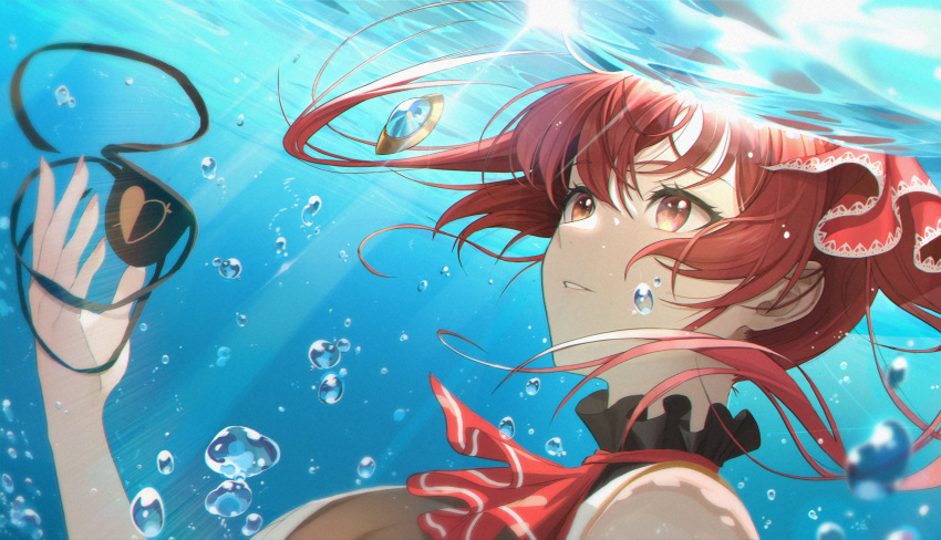 1girl absurdres bangs black_eyepatch blush breasts hair_ribbon hat heterochromia highres hololive houshou_marine large_breasts long_hair looking_at_viewer moon_(yfsp7823) open_mouth pirate red_eyes redhead ribbon solo twintails underwater virtual_youtuber yellow_eyes