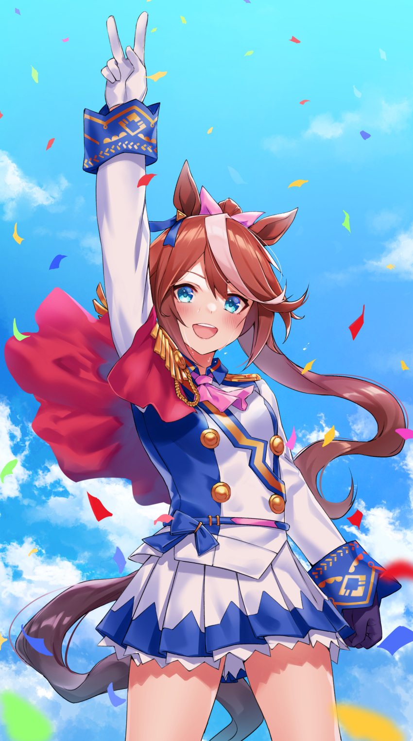 absurdres animal_ears ascot black_gloves blue_eyes blue_jacket blue_skirt blue_sky brown_hair buttons cape clouds confetti double-breasted epaulettes gloves hair_flaps high_ponytail highres horse_ears horse_girl horse_tail jacket long_hair long_sleeves miniskirt mismatched_gloves multicolored_hair pink_neckwear pleated_skirt red_cape single_epaulette skirt sky streaked_hair tail tokai_teio_(umamusume) two-tone_hair two-tone_jacket two-tone_skirt umamusume wachiroku_(masakiegawa86) white_gloves white_hair white_jacket white_skirt